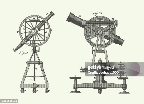vintage meridian circle at hamburg and ertel's theodolite, astronomical instruments engraving antique illustration, published 1851 - quadrant instrument of measurement stock illustrations