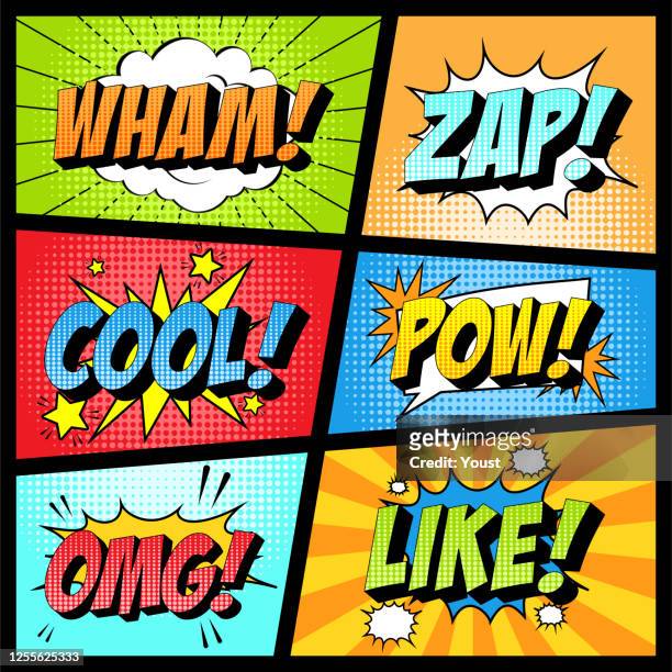 ilustrações, clipart, desenhos animados e ícones de conjunto colorido de ícone cômico no estilo pop art. wham, zap, cool, pow, omg, como. - dinamite