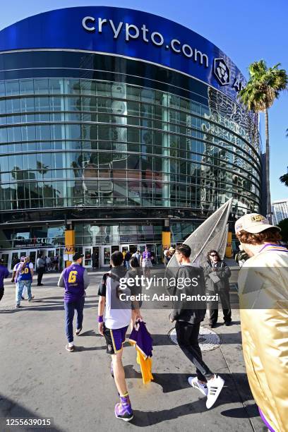 An outside view of Crypto.com Arena before the game between the Golden State Warriors and the Los Angeles Lakers during round two game four of the...