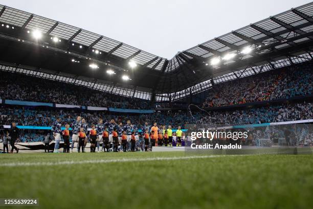 Players of each team line up prior to the UEFA Champions League semi-final second leg match between Manchester City and Real Madrid at Etihad Stadium...