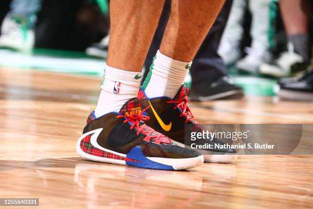 The sneakers worn by Malcolm Brogdon of the Boston Celtics during Game One of the Eastern Conference Finals against the Miami Heat on May 17, 2023 at...