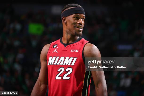 Jimmy Butler of the Miami Heat smiles during Game One of the Eastern Conference Finals against the Boston Celtics on May 17, 2023 at the TD Garden in...