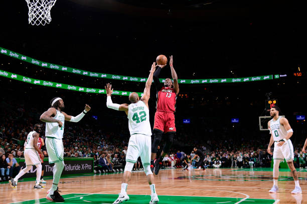 Bam Adebayo of the Miami Heat shoots the ball during Game 1 of the Eastern Conference Finals 2023 NBA Playoffs on May 17, 2023 at the TD Garden in...