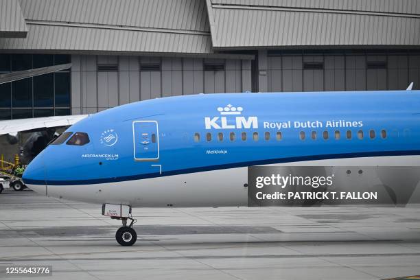 Royal Dutch Airlines Boeing 787-10 aircraft taxis after landing during the 2023 Sustainable Flight Challenge at Los Angeles International Airport in...