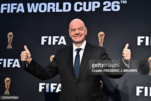 President Gianni Infantino arrives for the official FIFA World Cup 2026 brand #WeAre26 campaign launch in Los Angeles, California on May 17, 2023....