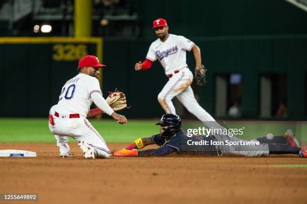 Atlanta Braves Right field Ronald Acuna Jr. Steals second base during a Major League Baseball game between the Atlanta Braves and the Texas Rangers...
