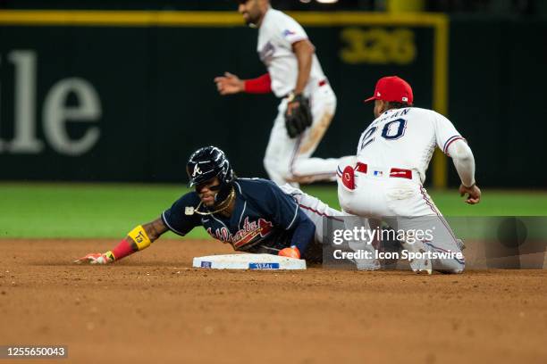 Atlanta Braves Right field Ronald Acuna Jr. Steals second base during a Major League Baseball game between the Atlanta Braves and the Texas Rangers...