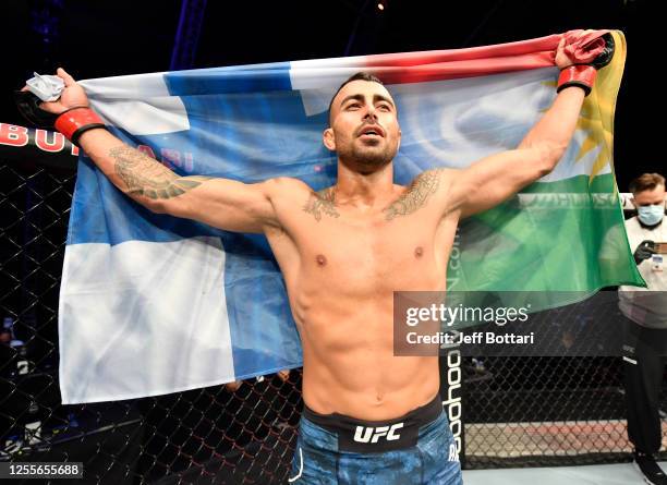 Makwan Amirkhani of Finland reacts after his submission victory over Danny Henry in their featherweight fight during the UFC 251 event at Flash Forum...