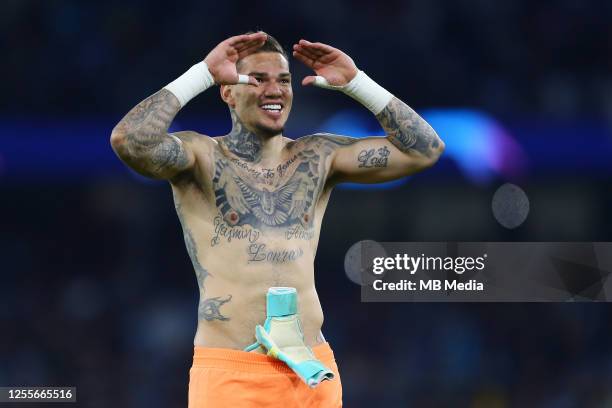 Ederson of Manchester City celebrates during the UEFA Champions League semi-final second leg match between Manchester City FC and Real Madrid at...