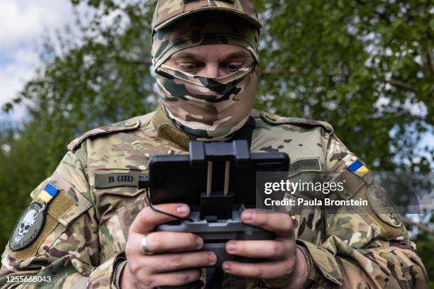 Ukrainian military learn to fly drones at a special school on May 9, 2023 in Lviv region Ukraine. The school is funded by KOLO, a Ukranian foundation...