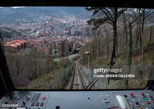 This picture taken from inside the Artxanda funicular on March 21, 2023 shows a general view of the Spanish Basque city of Bilbao. The Spanish Basque...