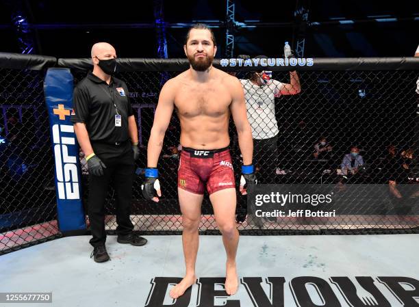 Jorge Masvidal prepares to fight Kamaru Usman in their UFC welterweight championship fight during the UFC 251 event at Flash Forum on UFC Fight...