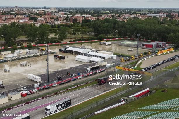 Panoramic view shows the Imola racetrack on May 18, 2023 after heavy rains caused flooding across Italy's northern Emilia Romagna region, killing...