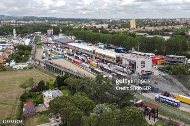 Panoramic view shows the Imola racetrack on May 18, 2023 after heavy rains caused flooding across Italy's northern Emilia Romagna region, killing...