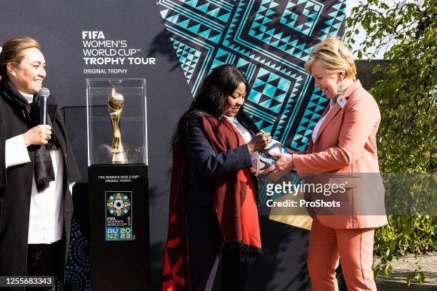 Sportcomplex VV Nijnsel. 180523 FIFA Womans Worldcup Trophy Tour. Fatma Samoura , Hands over match ball to Doreen van den Berkmortel . - Photo by...