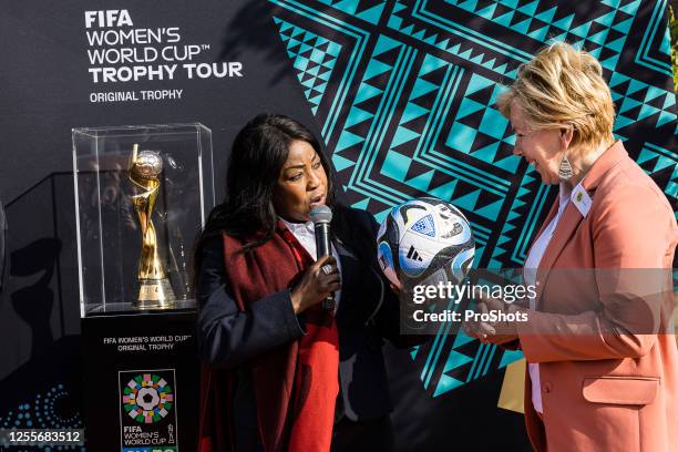 Sportcomplex VV Nijnsel. 180523 FIFA Womans Worldcup Trophy Tour. Fatma Samoura , Hands over match ball to Doreen van den Berkmortel . - Photo by...