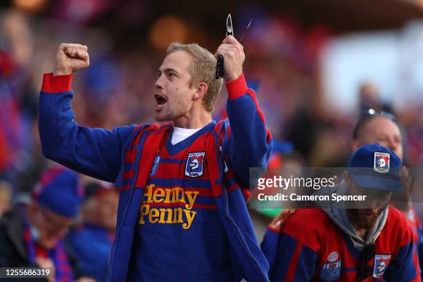 Knight's fans show their support during the round nine NRL match between the Newcastle Knights and the Parramatta Eels at McDonald Jones Stadium on...