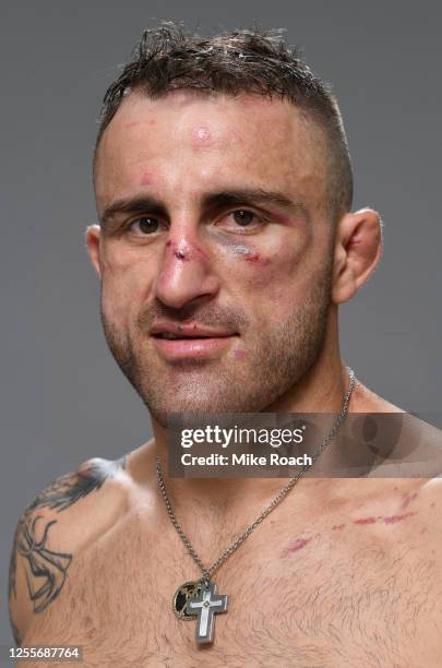 Alexander Volkanovski of Australia poses for a portrait after his victory over Max Holloway during the UFC 251 event at Flash Forum on UFC Fight...