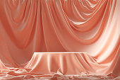 Empty round podium and background covered with pink cloth. 3d illustration