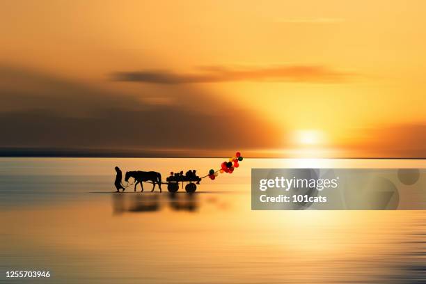 old man and his family are walking on the water with a carriage. - travel boundless stock pictures, royalty-free photos & images