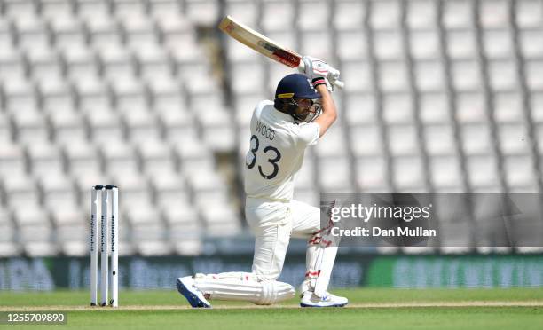 Mark Wood of England bats during day five of the 1st #RaiseTheBat Test match at The Ageas Bowl on July 12, 2020 in Southampton, England.