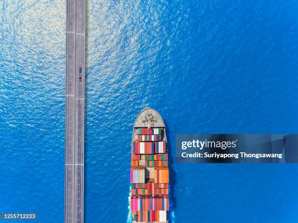 aerial top view container cargo ship full carrier container on the sea for business logistics, import export, shipping or freight transportation. - ship's bridge foto e immagini stock