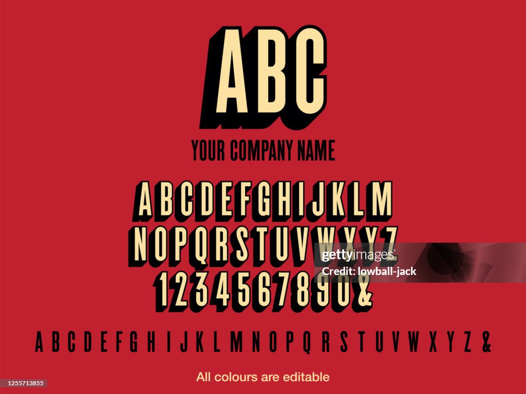 Verdichtete Fett-Text-Stil-Schriftart mit Schlagschatten für Ihr Firmenlogo. Vektor-Stock-Illustration. Farben leicht editierbar.