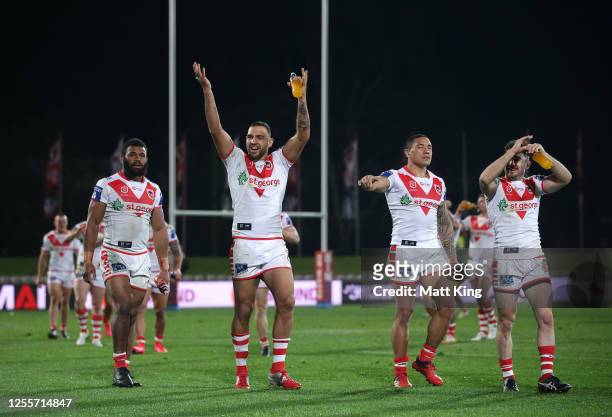 Josh Kerr of the Dragons celebrates victory after the round nine NRL match between the St George Illawarra Dragons and the Manly Sea Eagles at...