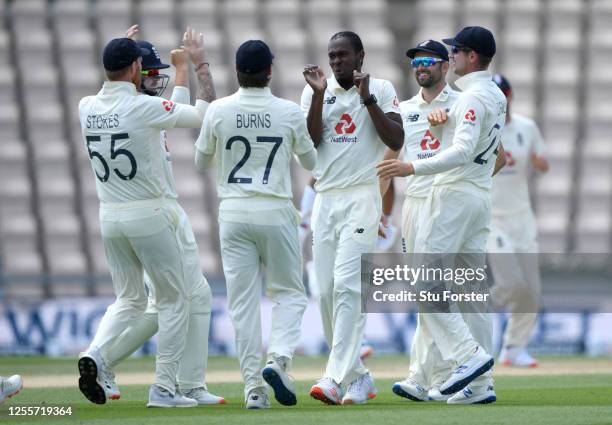 Jofra Archer of England celebrates with teammates after dismissing Kraigg Brathwaite of the West Indies during day five of the 1st #RaiseTheBat Test...