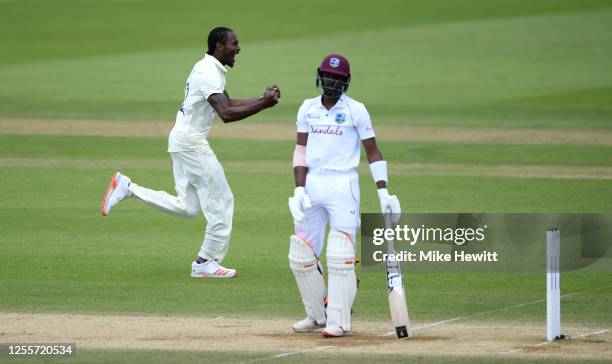 Jofra Archer of England celebrates dismissing Shamarh Brooks of the West Indies during day five of the 1st #RaiseTheBat Test match at The Ageas Bowl...