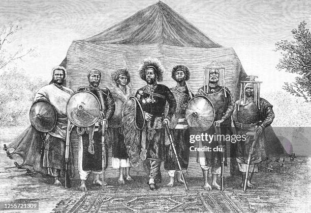 king menelik from ethiopia surrounded with his chiefs of arms - royal person stock illustrations