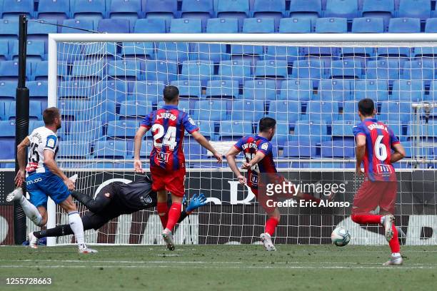 Edu Exposito of Eibar scores his team's second goal on the return after missing a penalty during the Liga match between RCD Espanyol and SD Eibar SAD...