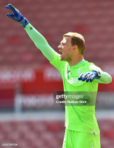 Adam Davies of Stoke City gestures during the Sky Bet Championship match between Stoke City and Birmingham City at Bet365 Stadium on July 12, 2020 in...