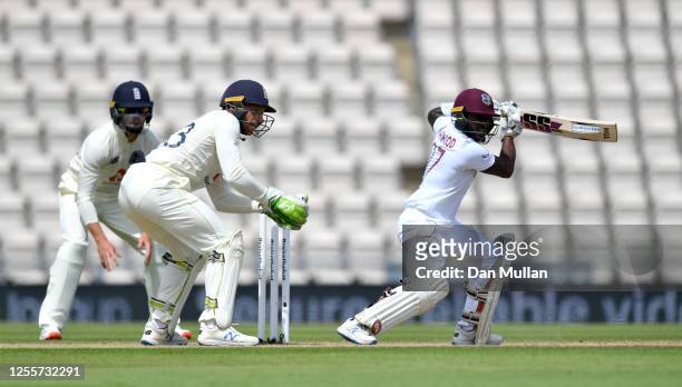 Jermaine Blackwood of the West Indies bats during day five of the 1st #RaiseTheBat Test match at The Ageas Bowl on July 12, 2020 in Southampton,...