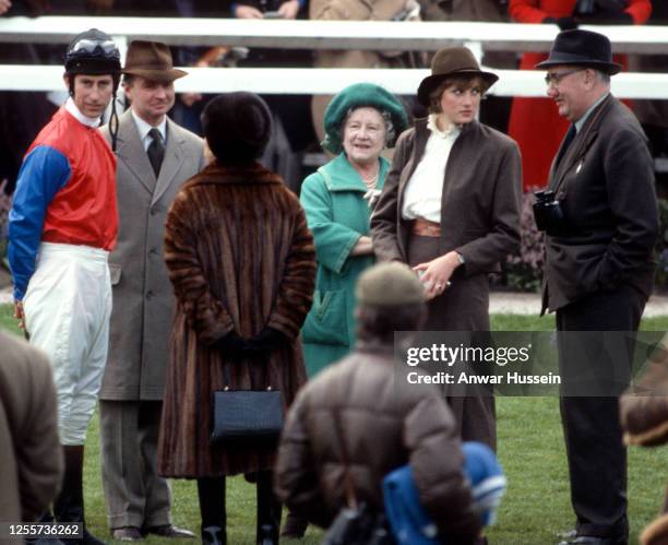 Prince Charles, Prince of Wales , Princess Margaret, Countess of Snowdon , Queen Elizabeth The Queen Mother and Lady Diana Spencer , wearing a brown...