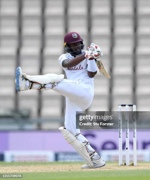 Jermaine Blackwood of the West Indies bats during day five of the 1st #RaiseTheBat Test match at The Ageas Bowl on July 12, 2020 in Southampton,...