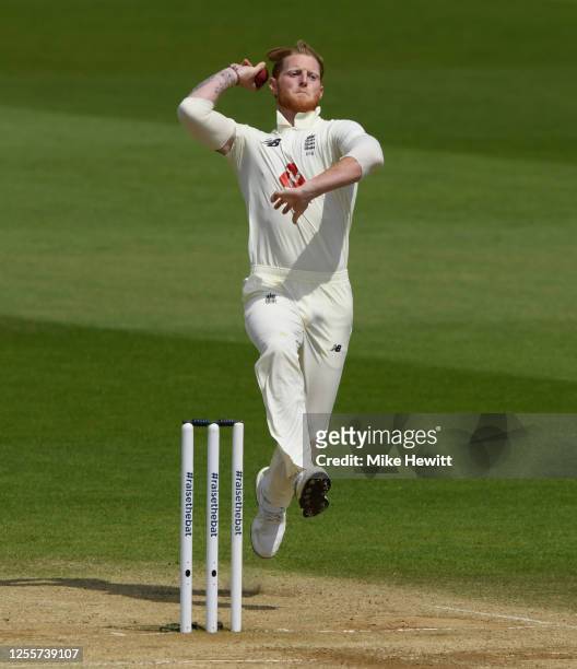 England captain Ben Stokes bowls during day five of the 1st #RaiseTheBat Test match at The Ageas Bowl on July 12, 2020 in Southampton, England.