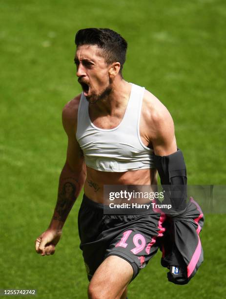 Pablo Hernandez of Leeds United celebrates his sides first goal during the Sky Bet Championship match between Swansea City and Leeds United at the...