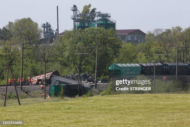 View shows the site of a train derailment outside Simferopol on May 18, 2023. A train carrying grain has derailed in the Russian-annexed Crimean...