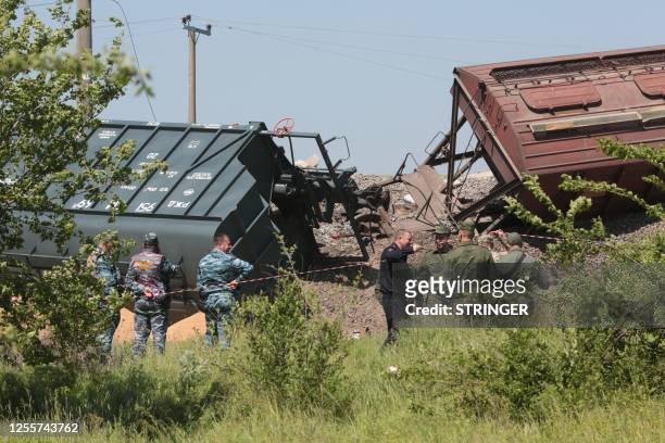 View shows the site of a train derailment outside Simferopol on May 18, 2023. A train carrying grain has derailed in the Russian-annexed Crimean...