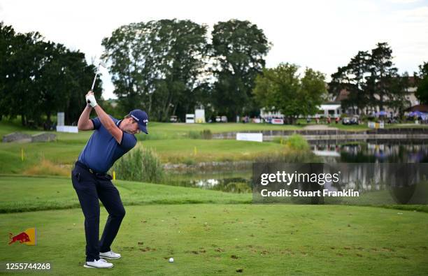 Marc Warren of Scotland hits his tee-shot on the 18th hole during day four of the Austrian Open at Diamond Country Club on July 12, 2020 in...