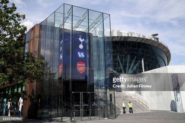 General view outside the stadium during the Premier League match between Tottenham Hotspur and Arsenal FC at Tottenham Hotspur Stadium on July 12,...