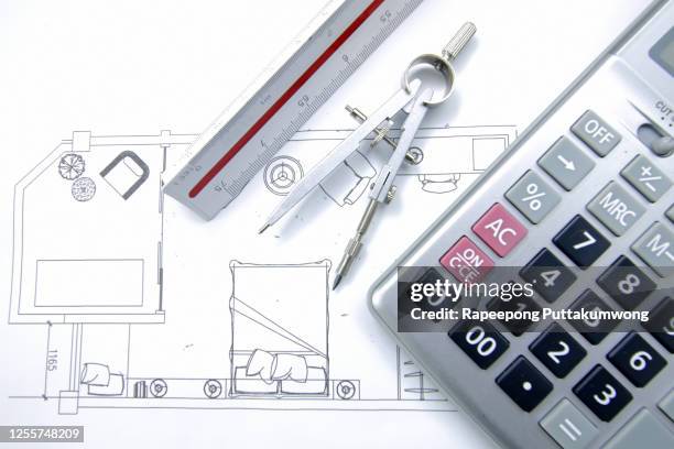 workplace of architect. architectural plan, technical project drawing, engineering tools - house rules stock pictures, royalty-free photos & images