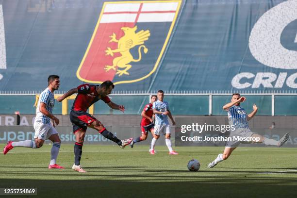 Macedonian striker Goran Pandev of Genoa CFC scores to give the side a 1-0 lead during the Serie A match between Genoa CFC and SPAL at Stadio Luigi...