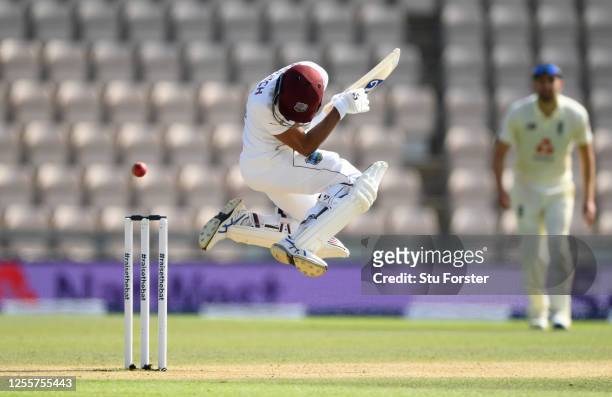 Shane Dowrich of the West Indies avoids a short ball during day five of the 1st #RaiseTheBat Test match at The Ageas Bowl on July 12, 2020 in...