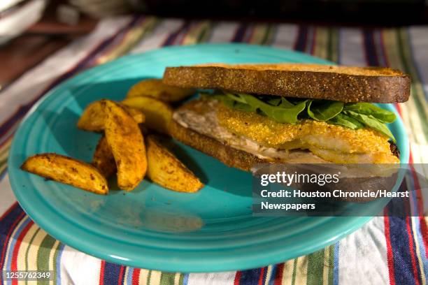 Fried Catfish Sandwich with Arugula and spicy mayonnaise cooked by the Houston Chronicle's Peggy Grodinsky Monday, June 9 in Houston.