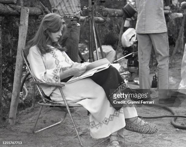 Swedish actress Ewa Aulin filming "Ceremonia sangrienta", Madrid, Spain, 1973.