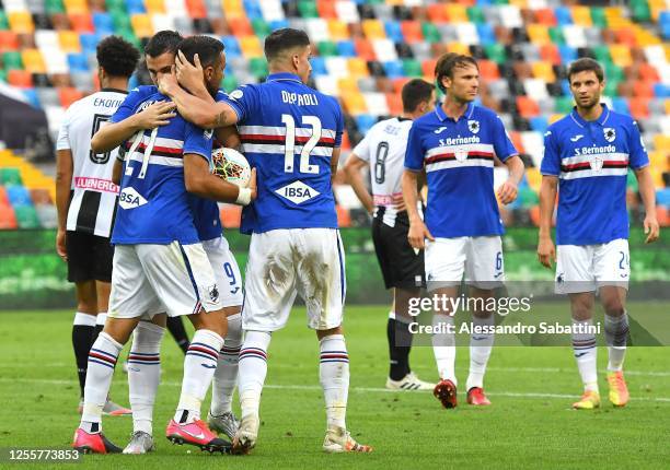 Fabio Quagliarella of UC Sampdoria celebrates after scoring the 1-1 goal during the Serie A match between Udinese Calcio and UC Sampdoria at Stadio...