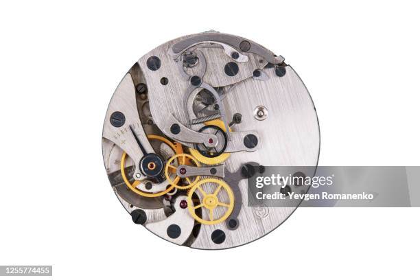 clock mechanism with gears, close-up. - mecanismo de relógio imagens e fotografias de stock