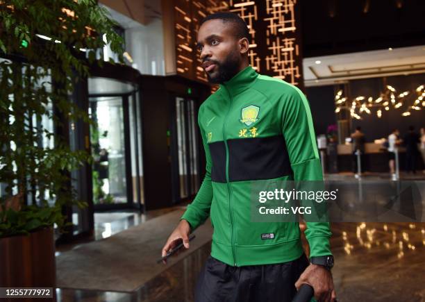 Cedric Bakambu of Beijing Sinobo Guoan Football Club leaves hotel for training session on July 11, 2020 in Shanghai, China.